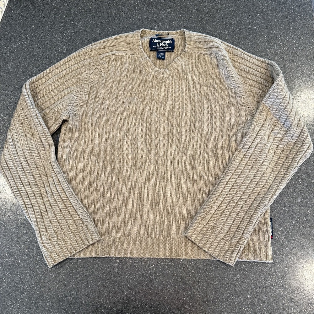 Vintage Abercrombie And Fitch Men's Vneck Tan Ribbed Wool Blend Sweater Preppy